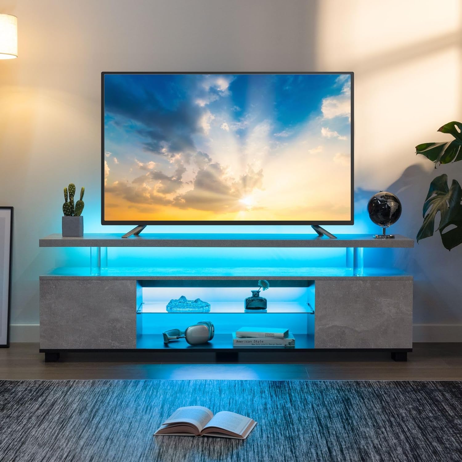 Cubehom Grey TV Stand, LED TV Stand Modern Entertainment Center for Living Room LED Console Table for TV LED TV Cabinet for 65 inch TV