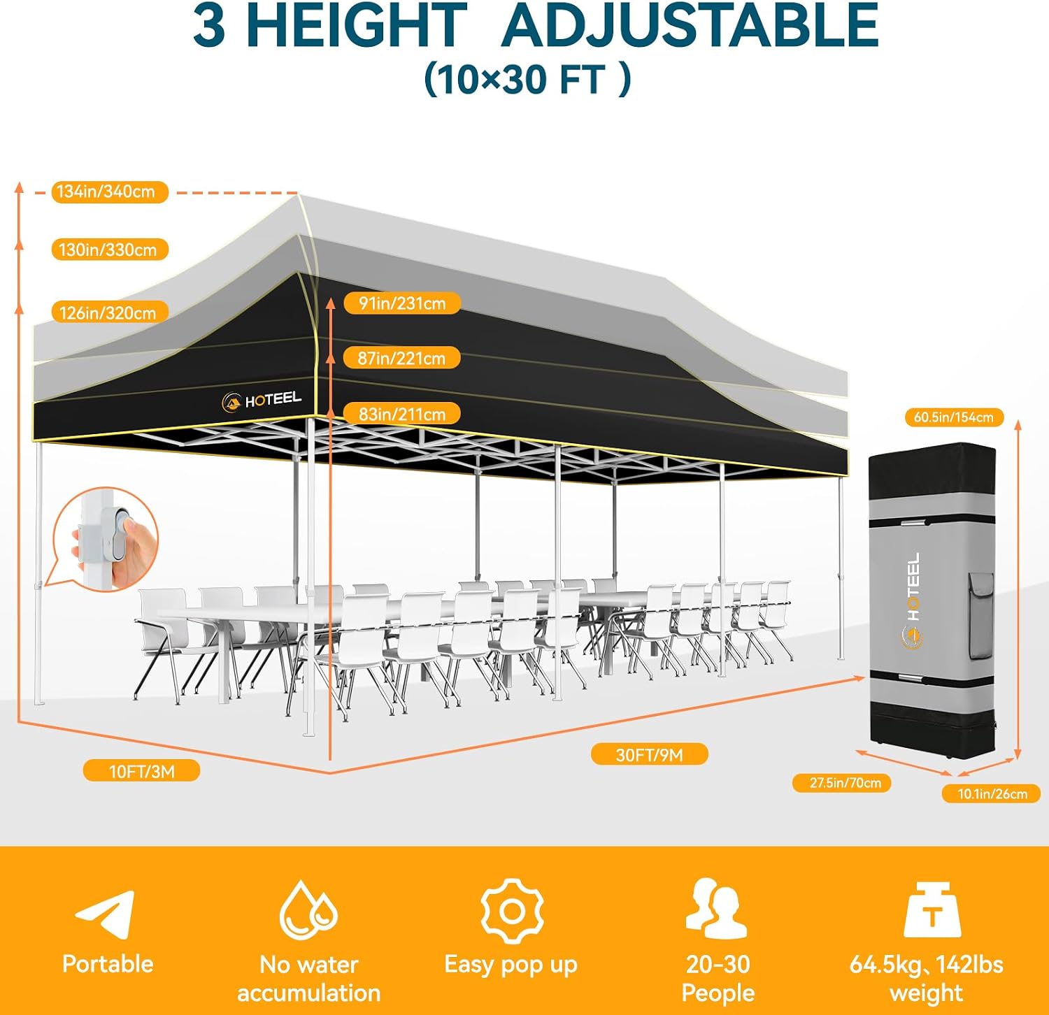 Hoteel 10x30 Pop Up Canopy Tent Heavy Duty Without Sidewalls, Waterproof Party Tent, Easy Set-up Commercial Instant Tents with Roller Bag & Sandbags, Hexagonal Leg (1-Year Warranty)