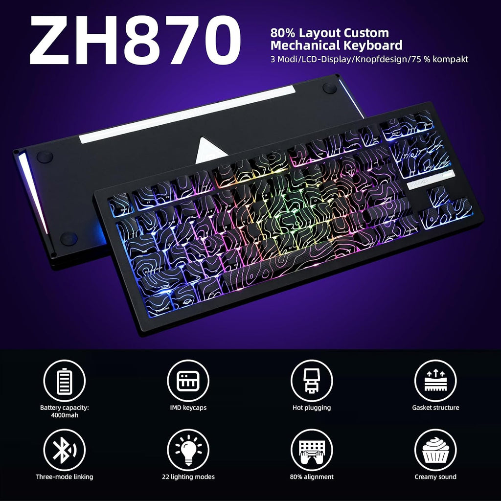 ZORNHER ZH870 Wireless Gaming Mechanical Keyboard,80% Black Custom Creamy Sound Keyboard with Lighted Up Black Topographic Keycaps,Creamy Sounding Linear Switches,Hot-Swappable,RGB Backlit