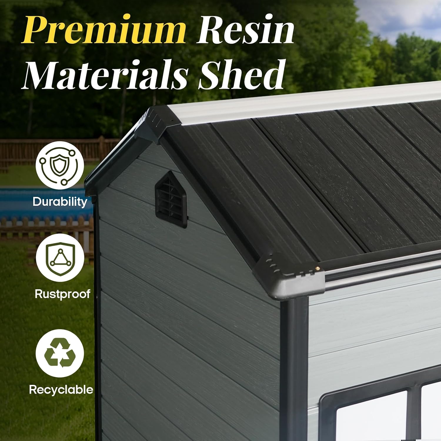 8x4ft Resin Outdoor Storage Shed with Floor and 2 Windows, Plastic Sheds & Outdoor Storage Clearance for GardenTools, Patio Furniture, Bike Accessories and Lawn Mower, Black+Grey