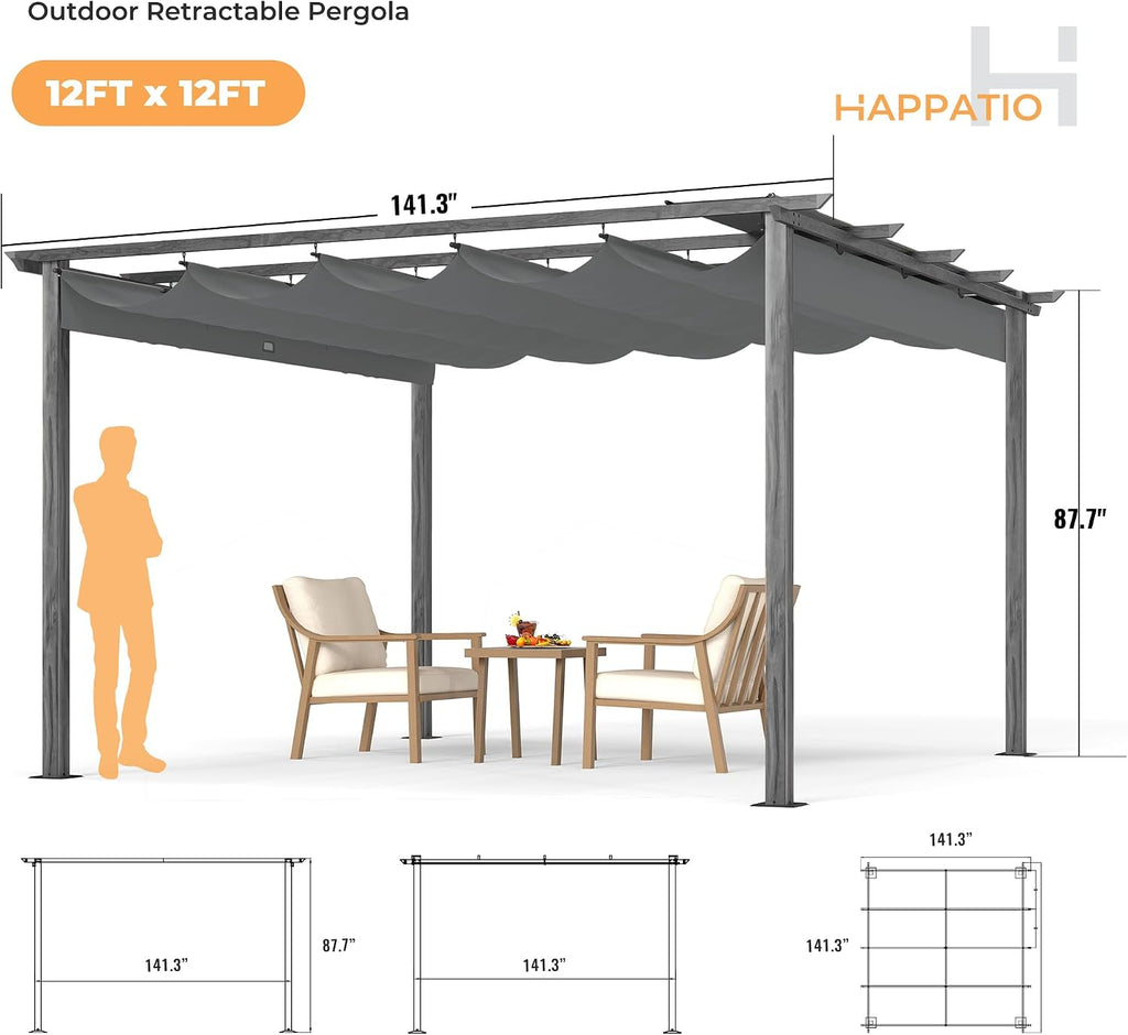 HAPPATIO 12' X 12' Wood-Grain Retractable Pergola with Sun Shade Canopy, Patio Aluminum Frame Shelter for Backyards, Gardens, Porch, Includes Ground Studs and Expansion Screws (Grey)
