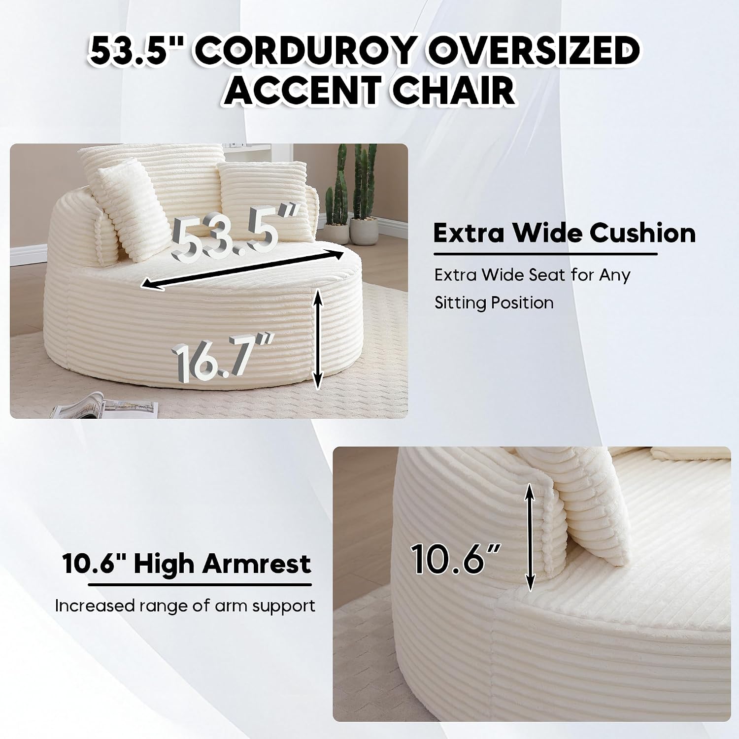 Oversized Round Chair Lounge Chaise Indoor, 53.5' Upholstered Corduroy Deep Seat Single Cloud Sofa Chair, Fluffy Modern Large Circle Boneless Sleeper Sofa for Living Room, Bedroom, Beige White