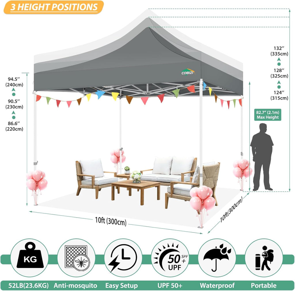 COBIZI 10x10 Canopy Tent with 4 Sidewalls,Heavy Duty Pop up Canopy with Mosquito Netting,Easy up Screen Tent for Parties Wedding Outdoor Camping with Handbag,Gray