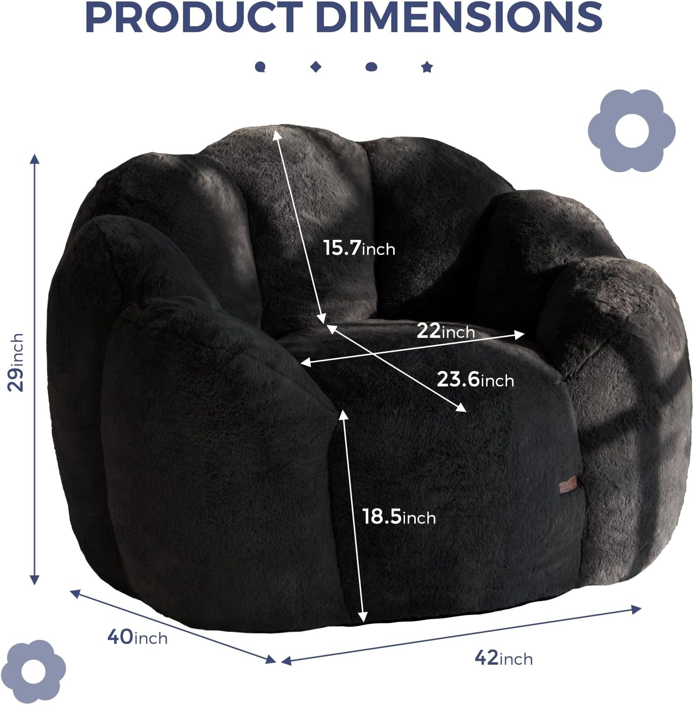 MAXYOYO Bean Bag Chair for Adults, Floral Shaped Bean Bag Sofa, Ultra Soft Faux Fur Floor Sofa, Large Reading Chair for Living Room Bedroom, Black, Single