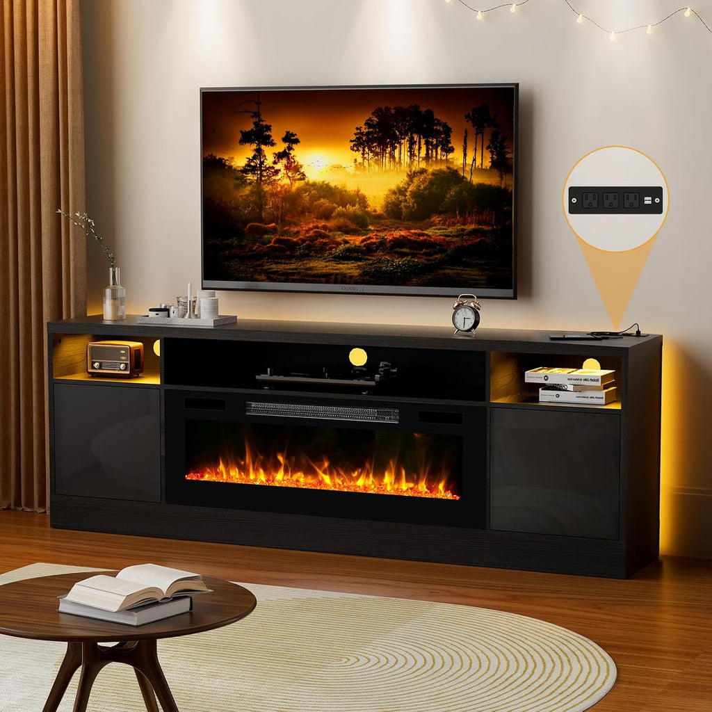 Kucreiheat Fireplace TV Stand for 65-80 inch TV, Large Entertainment Center with Fireplace,Power Outlet & LED Lights,High Gloss Living Room Storage Cabinet, 70''(High)