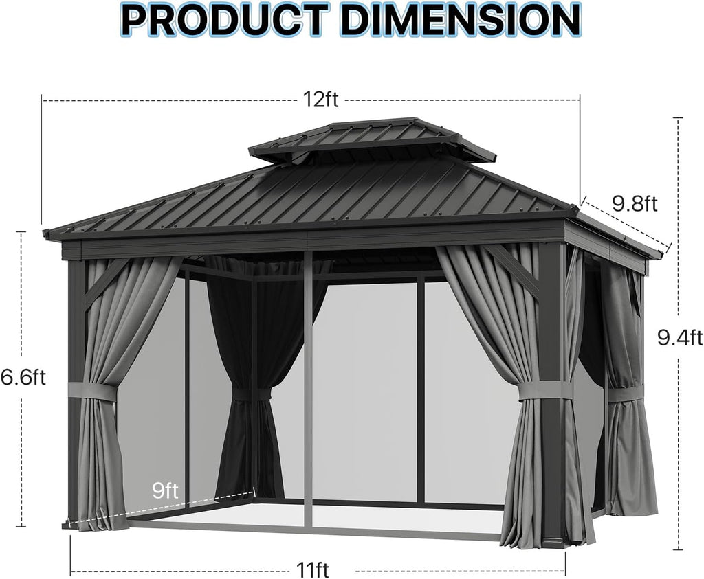 10' x 12' Gray Hardtop Gazebo, Rectangular Double Roof Metal Pavilion with Posts, Outdoor Gazebo with Curtains for Patio, Deck, and Backyard