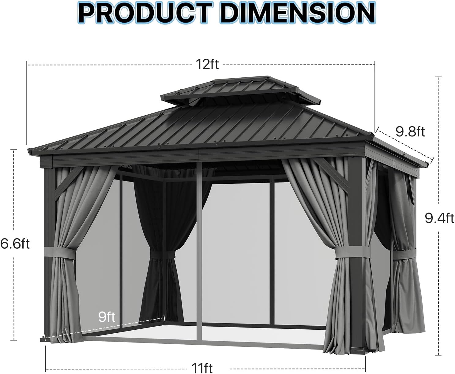 10' x 12' Gray Hardtop Gazebo, Rectangular Double Roof Metal Pavilion with Posts, Outdoor Gazebo with Curtains for Patio, Deck, and Backyard