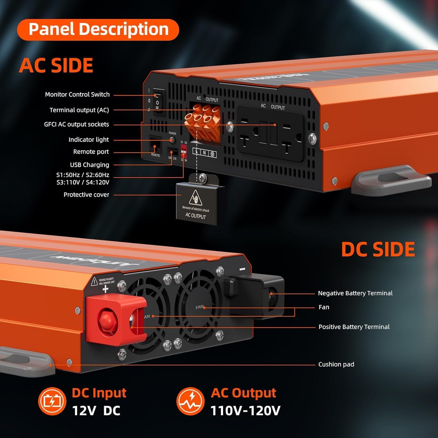 2080w Pure Sine Wave Inverter 12V to 110V Ultra Quiet, Game-Changing Design | 12V to 110 Converter for Home, RV, Camping, Off-Grid & Outdoor Adventures丨DC to AC (LGE-12V-2080Ti)
