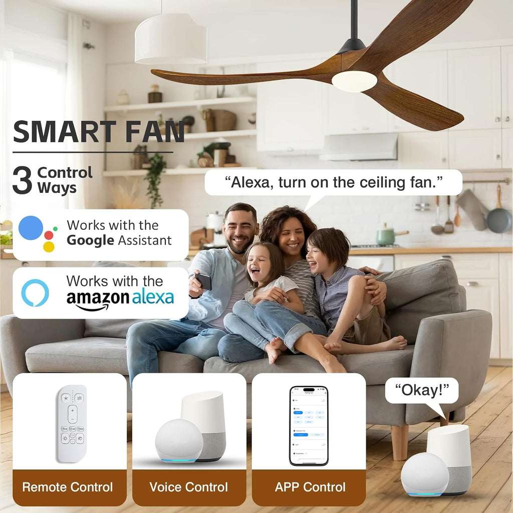 Savey'Sley 52 Inch Smart Ceiling Fan with Light Remote/APP/Alexa Control, 3 Blades Wooden Outdoor Ceiling Fans for Patios with Lights, High CFM Quiet DC Fan for Bedroom Farmhouse Gazebo