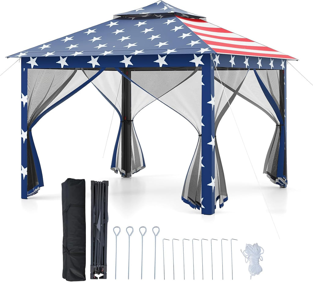 Goplus11 ft × 11 ft Pop up Gazebo, Portable Screen Canopy Shelter w/Mesh Netting Sidewalls, Vented Top, Drainage Holes, Heavy-Duty Height Adjustable Easy Setup Party Tent for Backyard