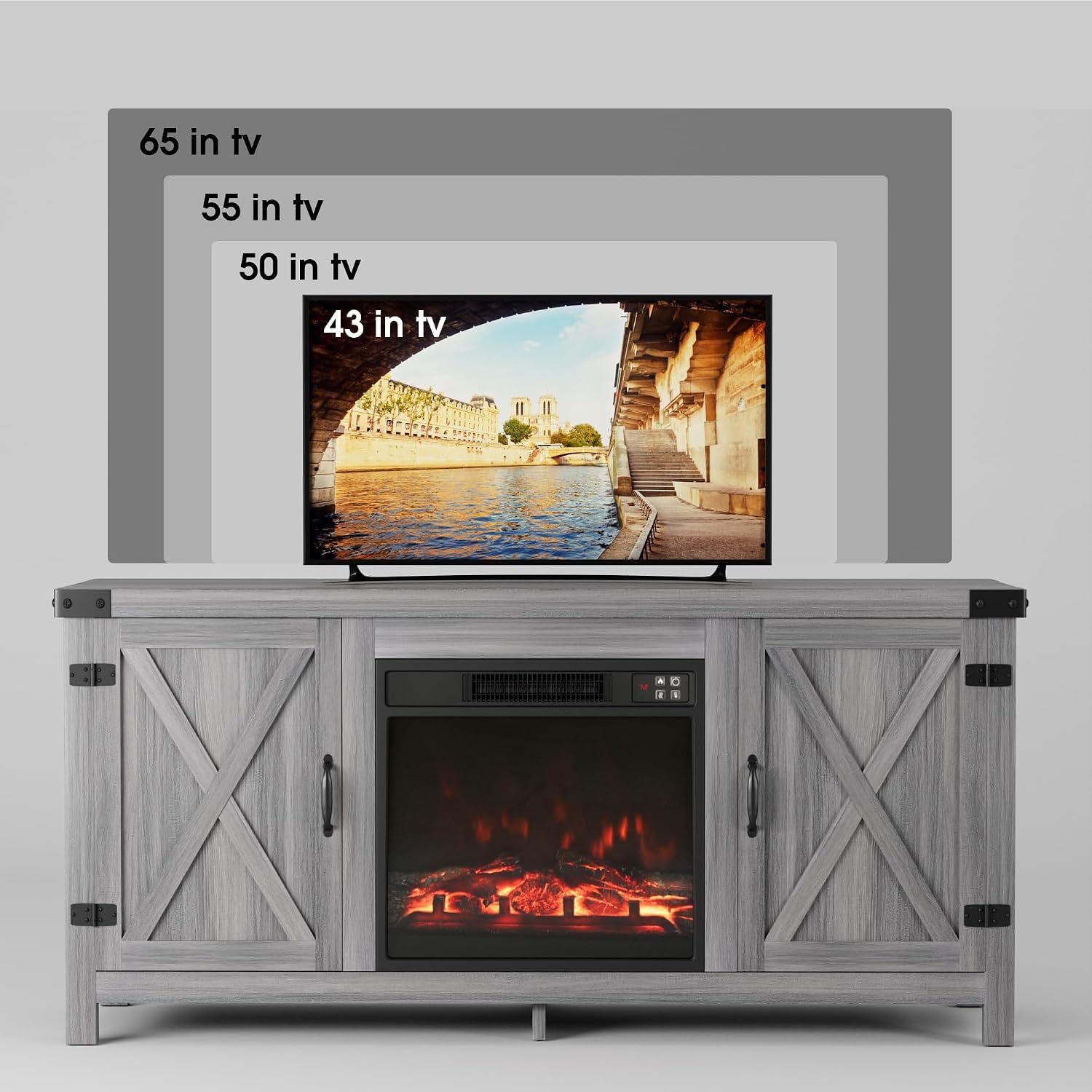 JUMMICO Fireplace TV Stand, Farmhouse Entertainment Center with Fireplace and Shelves, Double Barn Doors Storage Cabinets for TVs to 65+ Inch for Living Room (Grey)