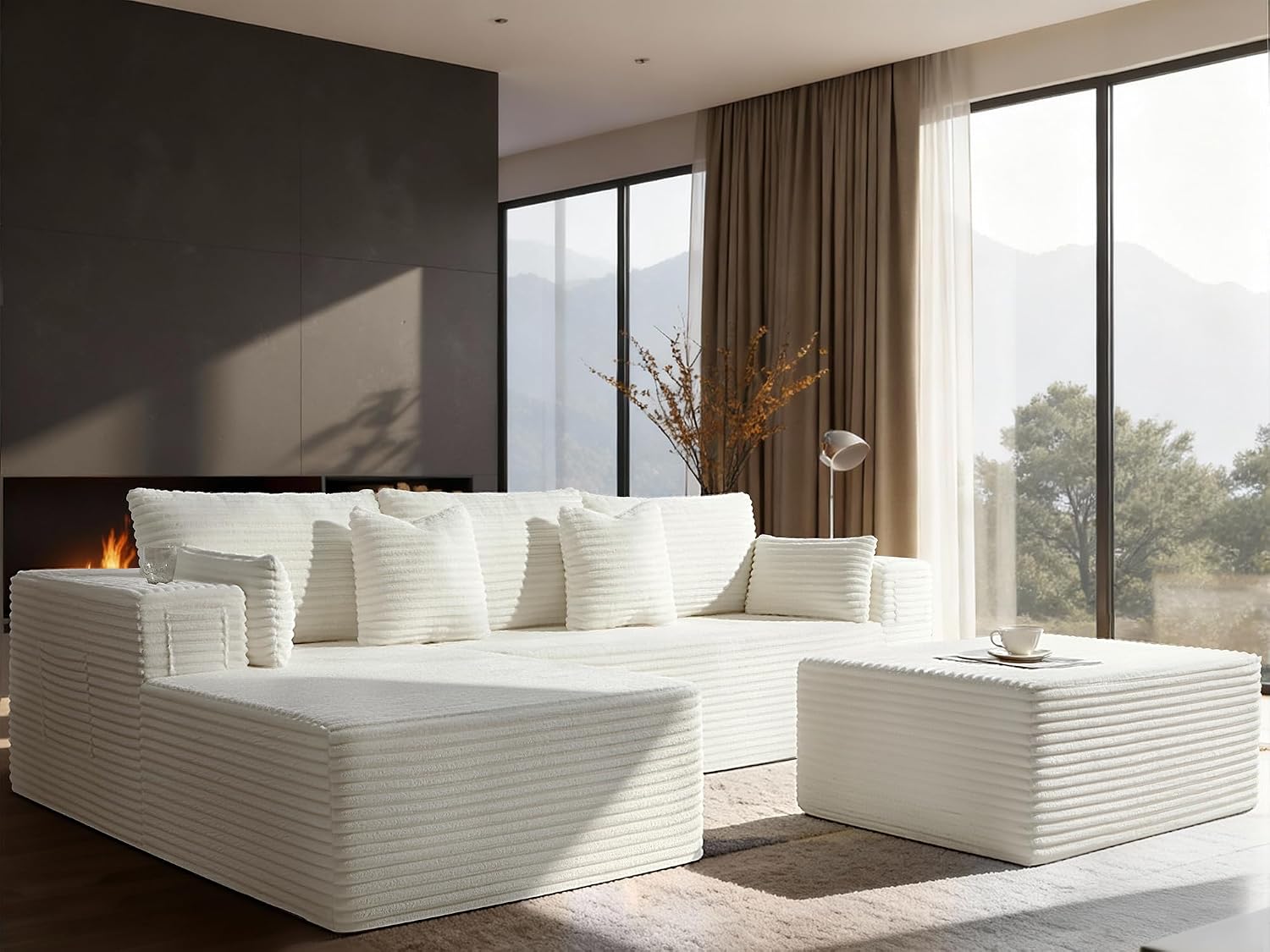 108' Cloud Sectional Couch, Comfort U Shaped Sofa for Living Room, Extra Deep Seats No Assembly, Minimalist Modular Couch, Corduroy (Cream, 2 Seater+Left Facing Chaise+Ottoman)