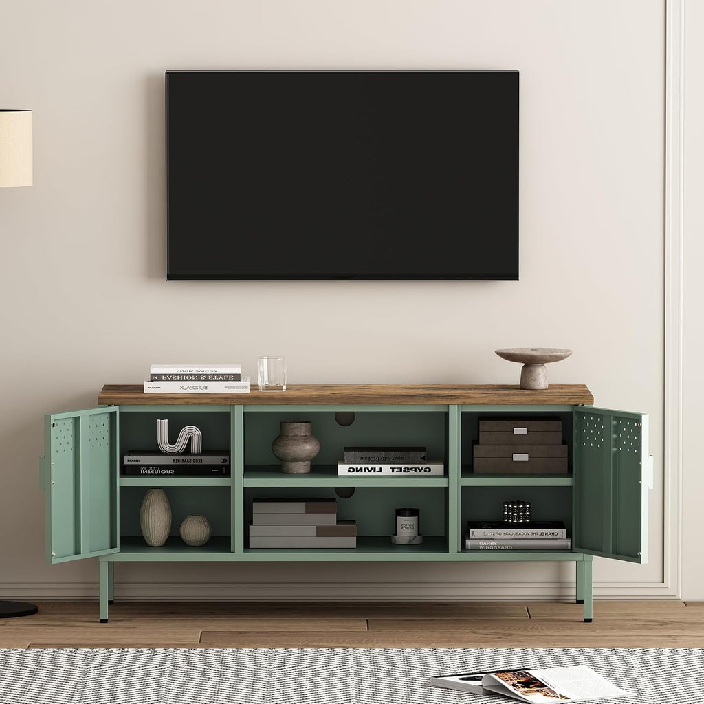 Manhattan Comfort Landen 47' Modern Metal TV Stand with Storage Cabinets & Open Shelves, Holds Up to 40' Screen, TV Console with Natural Wood Top, Cable Management, Adjustable Legs, Green