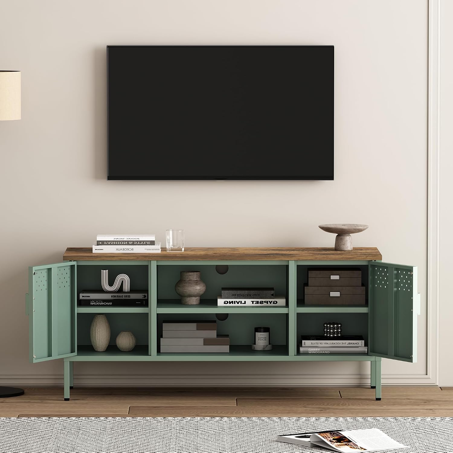 Manhattan Comfort Landen 47' Modern Metal TV Stand with Storage Cabinets & Open Shelves, Holds Up to 40' Screen, TV Console with Natural Wood Top, Cable Management, Adjustable Legs, Green