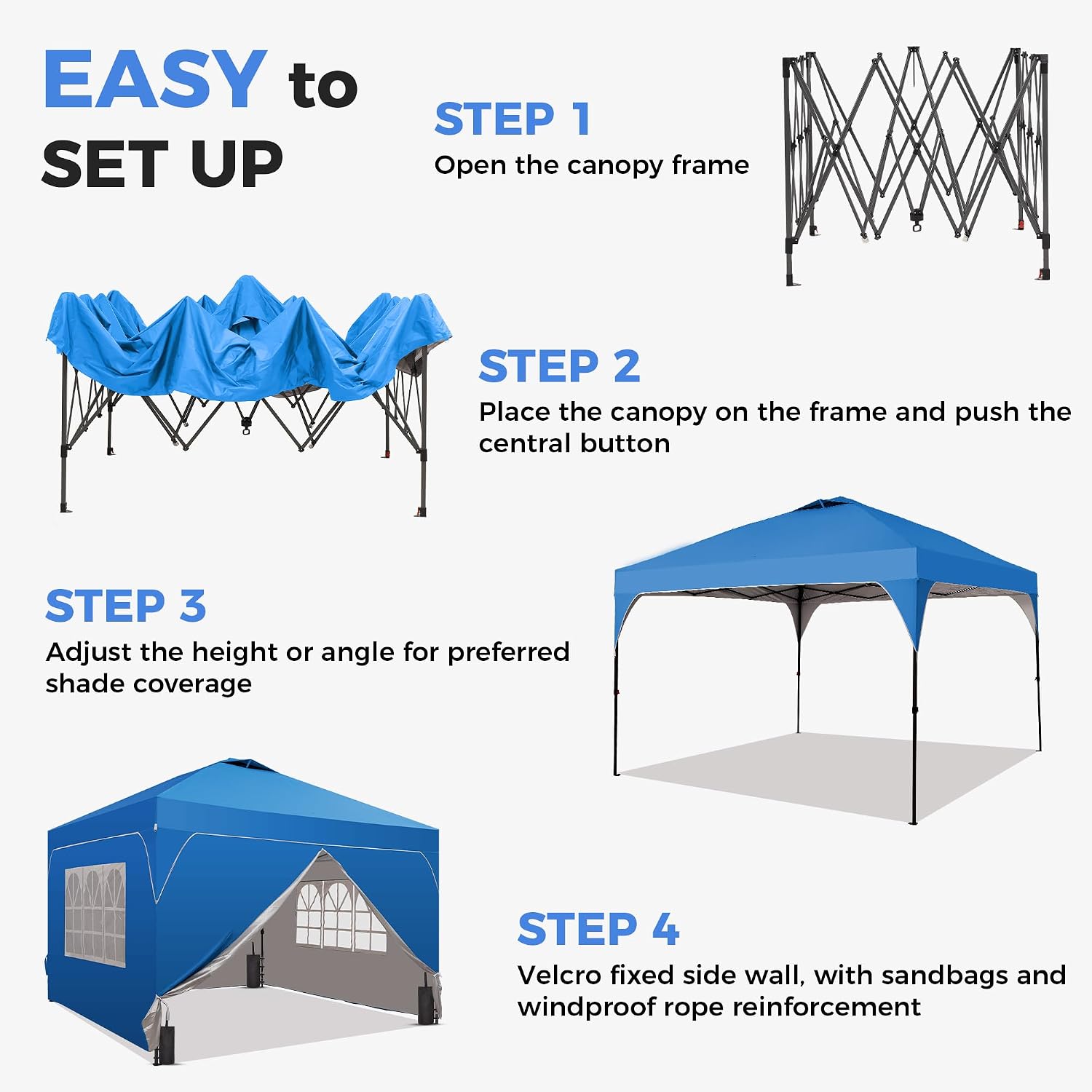 12x12 Pop Up Canopy Tent with One Push Setup, Outdoor Sun Shade Canopy with Vent Top for Backyard Party, Easy Up Instant Shelter with 4-Sandbags & Wheel Bag, Blue.