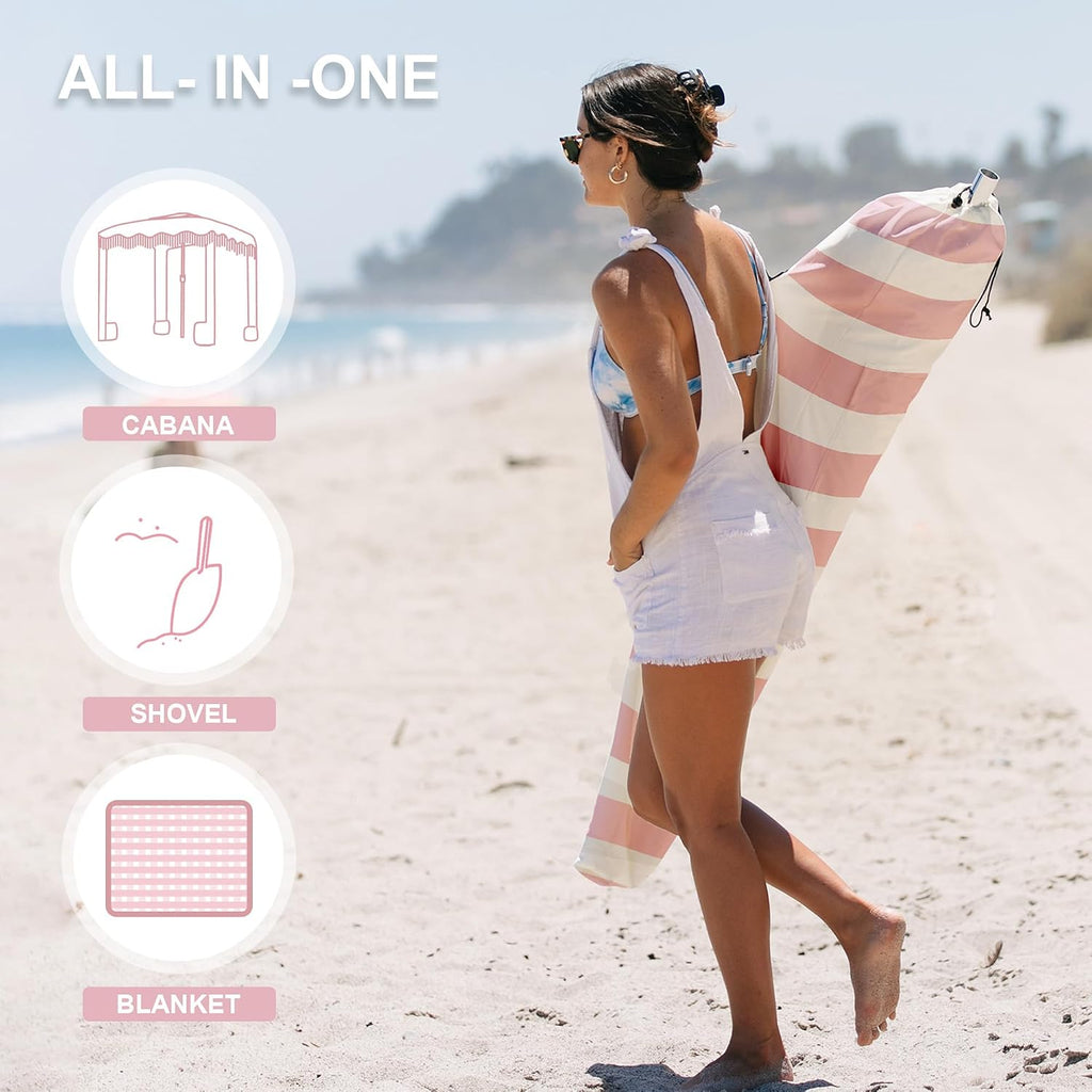 AMMSUN Beach Cabana with Beach Blanket, 7' x 7' Boho Canopy with Tassels, Premium Wood Pole, Fringe Cabana Tent with Sand Pockets, Instant Sun Shade for Sand, Garden, Outdoor, Rose Pink Stripes