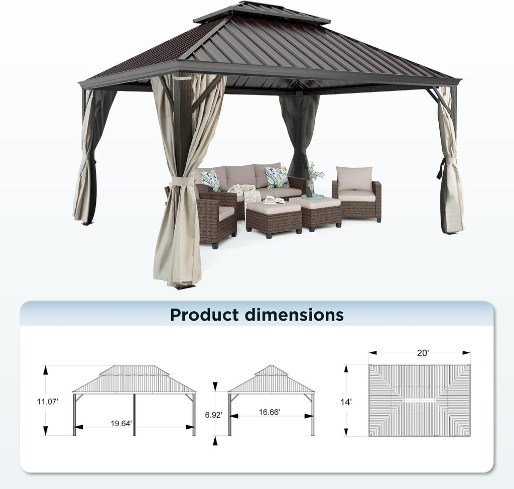 HERA'S HOUSE 12x14ft Hardtop Gazebo, Aluminum Metal Gazebo with Galvanized Steel Double Roof Canopy, Curtain and Netting, Permanent Pavilion for Patio Backyard Deck Lawn