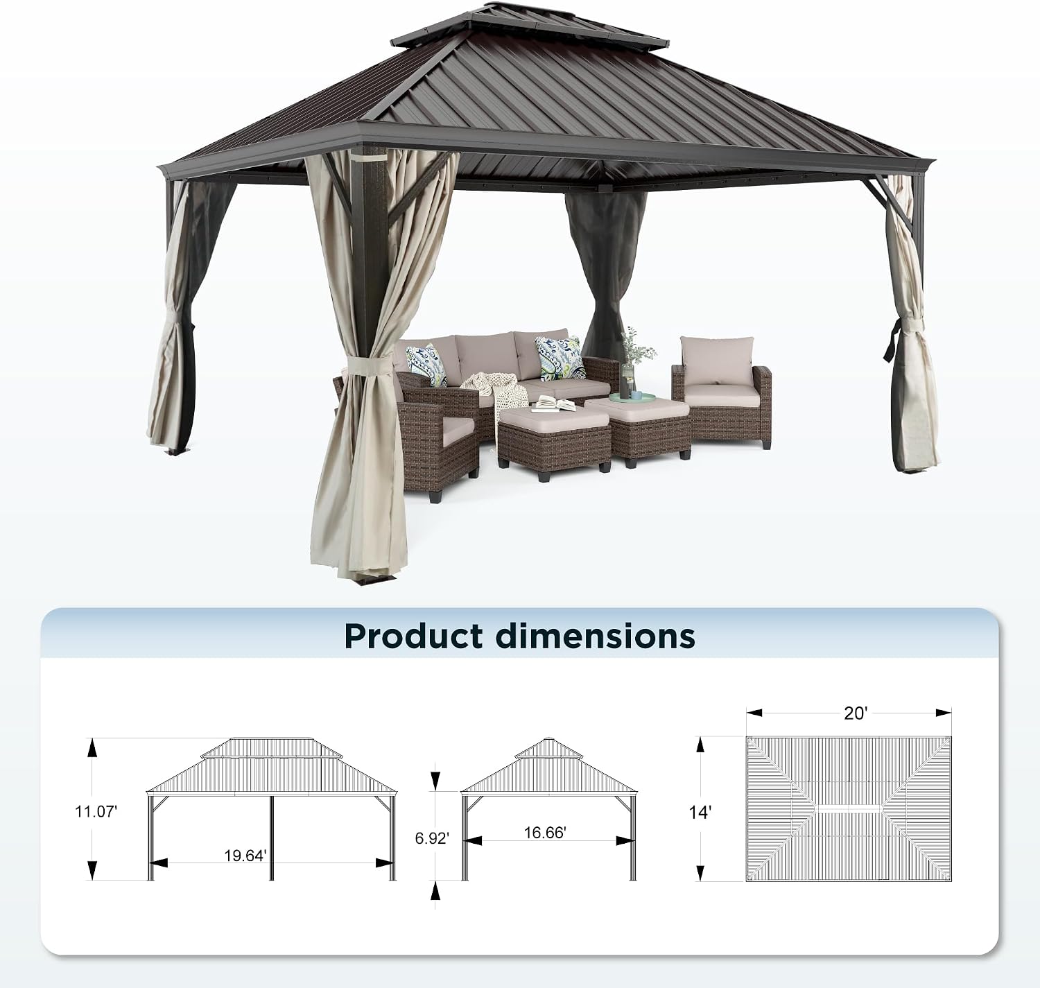 HERA'S HOUSE 12x14ft Hardtop Gazebo, Aluminum Metal Gazebo with Galvanized Steel Double Roof Canopy, Curtain and Netting, Permanent Pavilion for Patio Backyard Deck Lawn