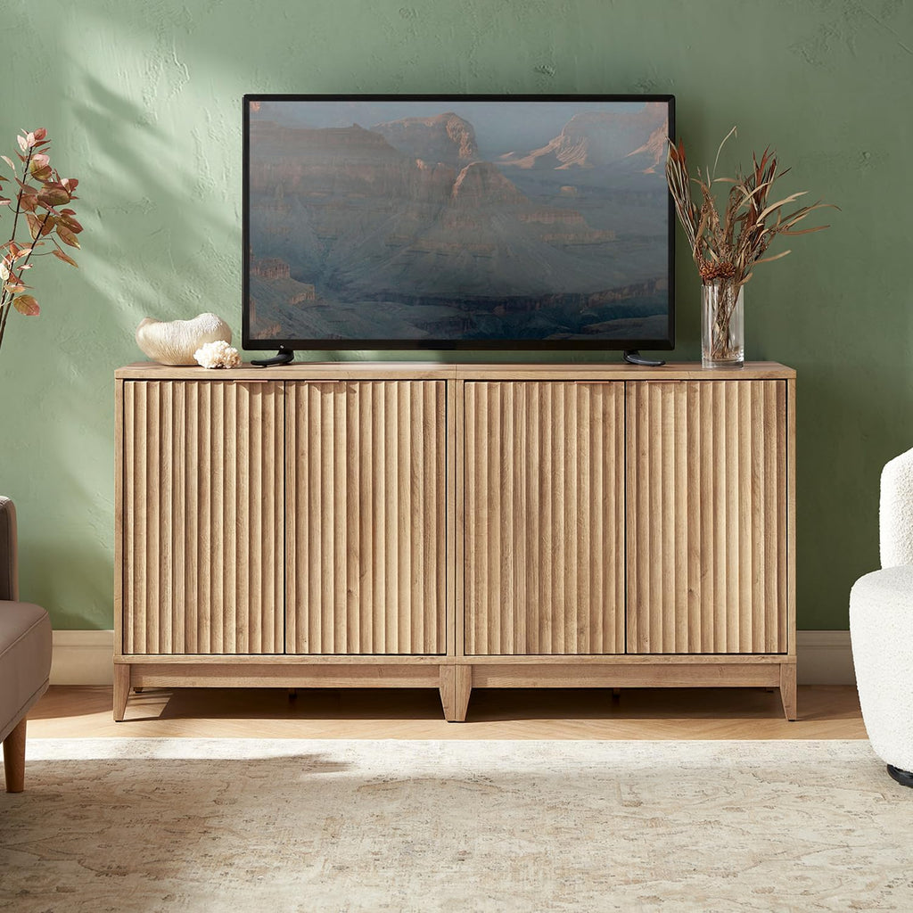 mopio Brooklyn Fluted Storage Cabinet, Modular Accent Buffet Sideboard with Adjustable Shelf, FSC Certified 50lb Load Modern Farmhouse Wood Credenza for Dining, Living Room, Entryway (Oak, Single)