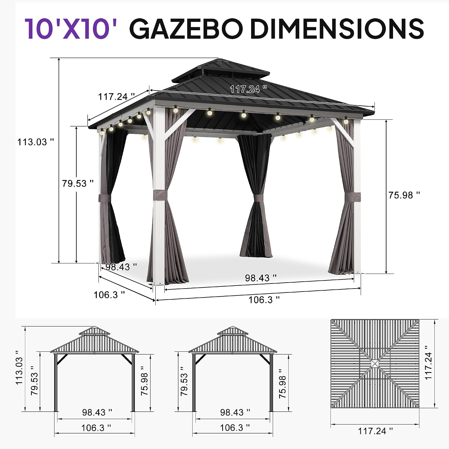 PURPLE LEAF 10' X 10' Outdoor Gazebo Galvanized Steel Double Roof White Aluminum Frame Hardtop Heavy Duty Gazebo with Curtain and Netting for Patio Garden and Backyard, Grey