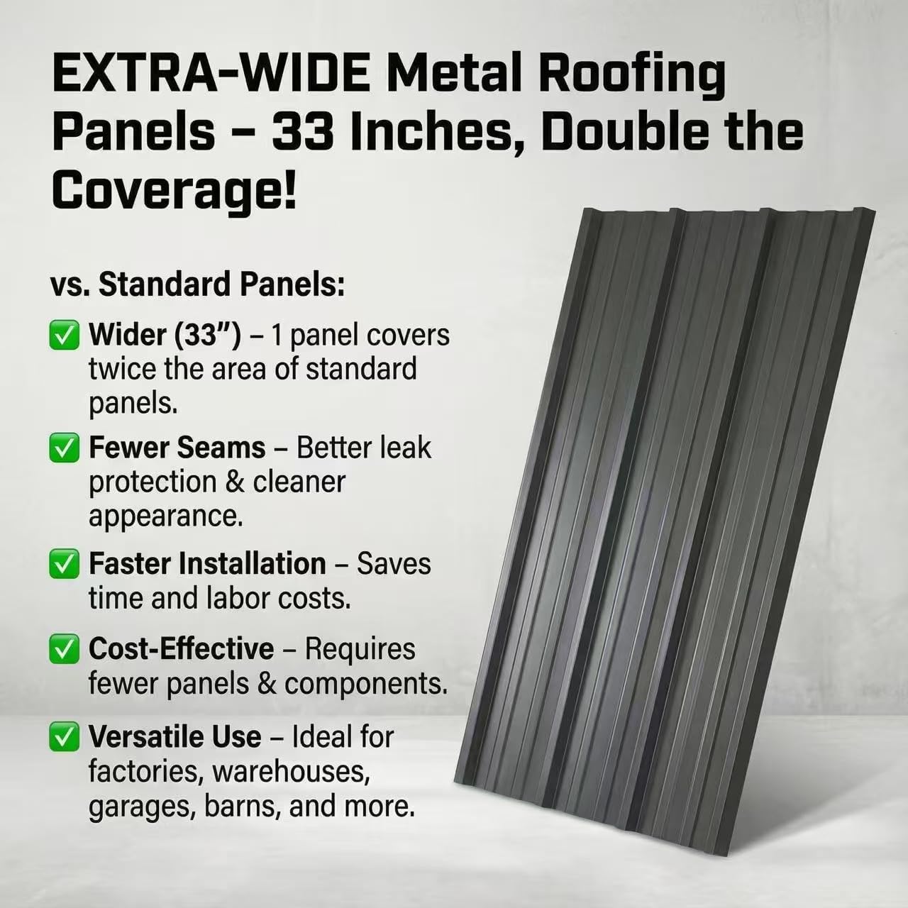 Extra-Wide Coverage Metal Roof Panels (62'x33') Corrugated Galvanized Steel with Screws Waterproof for Warehouse Industrial Shed Garage Patio Roofing 8 Pcs Gray