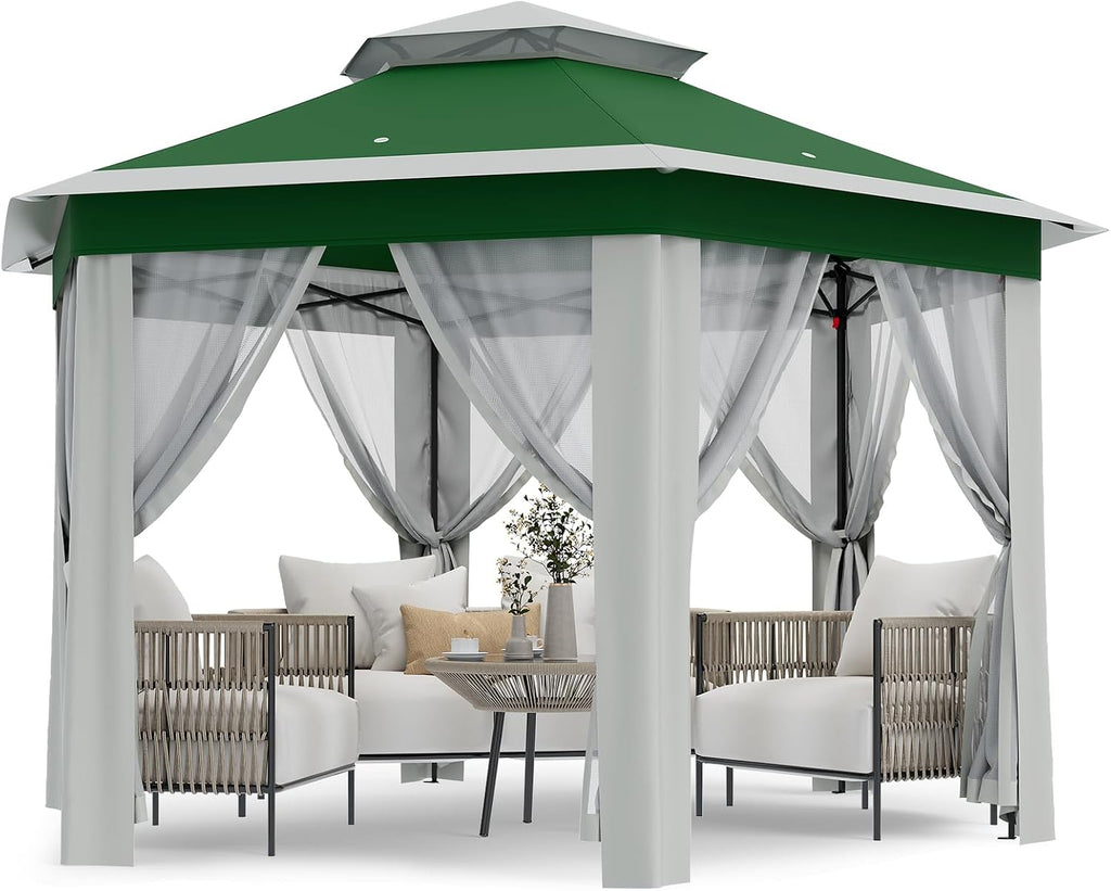 70.8'X70.8' Outdoor Patio Gazebo, Pop-Up Screen Tent with UV Protection & Mosquito Net, Waterproof Hardtop for Backyard, Camping, Easy Foldable Design(Green Beige)