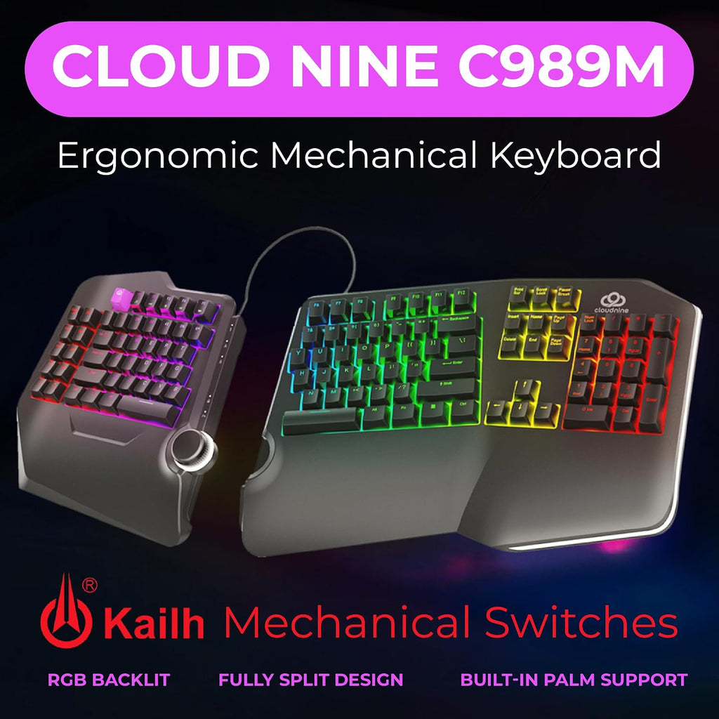 Cloud Nine C989M Ergonomic Mechanical Keyboard for PC - Kailh Tactile Brown Switches - RGB Light Up LED Backlit with USB - Ergo Split Key Board with Macro
