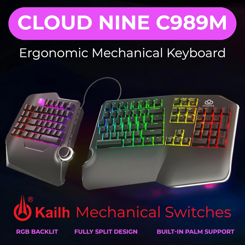 Cloud Nine C989 Ergonomic Mechanical Keyboard for PC - Kailh Linear Red Switches - RGB Light Up LED Backlit with USB - Ergo Split Key Board with Macro