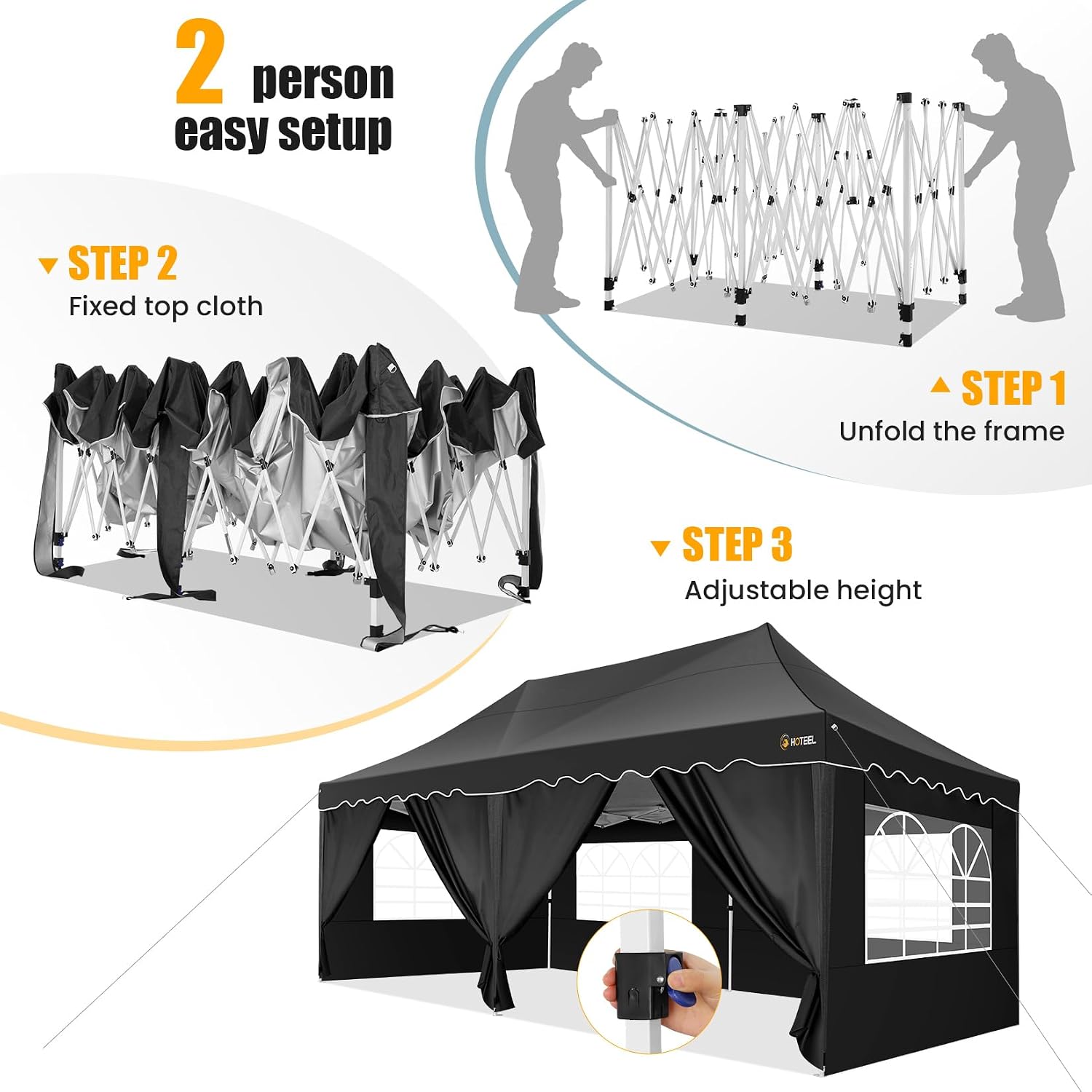 HOTEEL 10x20 Pop up Canopy Tent with 6 Removable Sidewalls, Wave Hem Roof 10x20 Canopy with Wheel Bag and 4 Sandbag, Commercial Pop up Tent Waterproof Sunshade for Market Wedding Party Stall (Black)