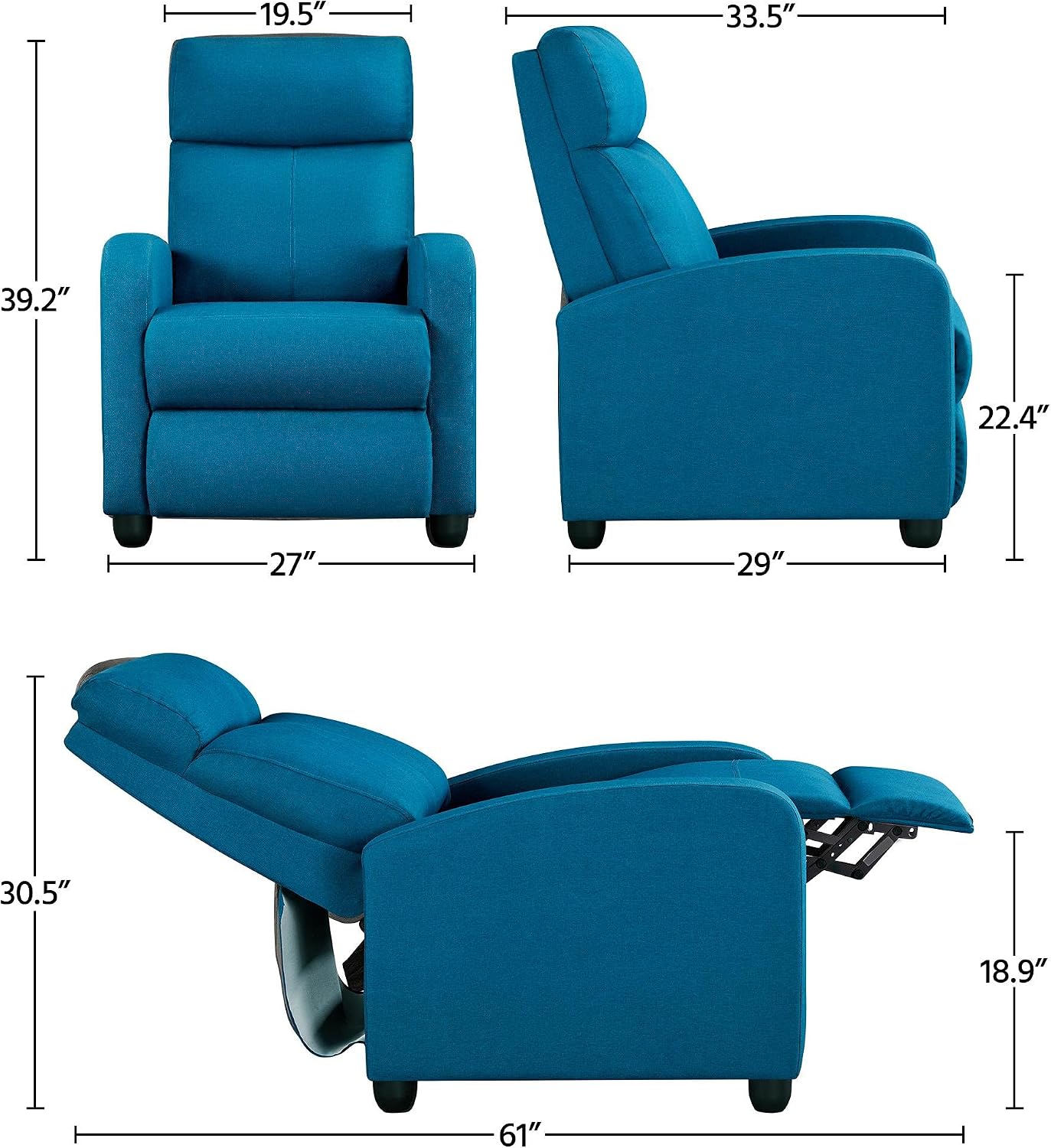 Yaheetech 2-Seat Fabric Pushback Recliner Chair with Thick Seat Cushion and Backrest Reclining Chair for Living Room Home Theater Blue