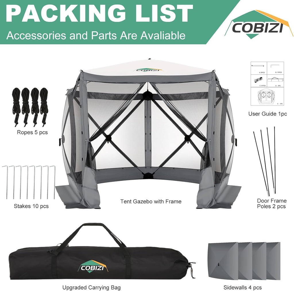 COBIZI 10x10 FT Pop up Gazebo, Popup Canopy Tent, Screened in Gazebos with sidewalls, Waterproof Portable Outdoor Small Screen Tents Sun Shelter,carpas para Patio for Camping, Garden,Backyard,Grey