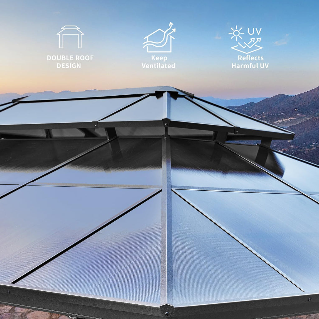 MELLCOM 12x20ft Hardtop Gazebo, Polycarbonate Double Roof Aluminum Gazebos, Outdoor Waterproof Pergola with Netting and Curtains for Backyard, Deck, Patio