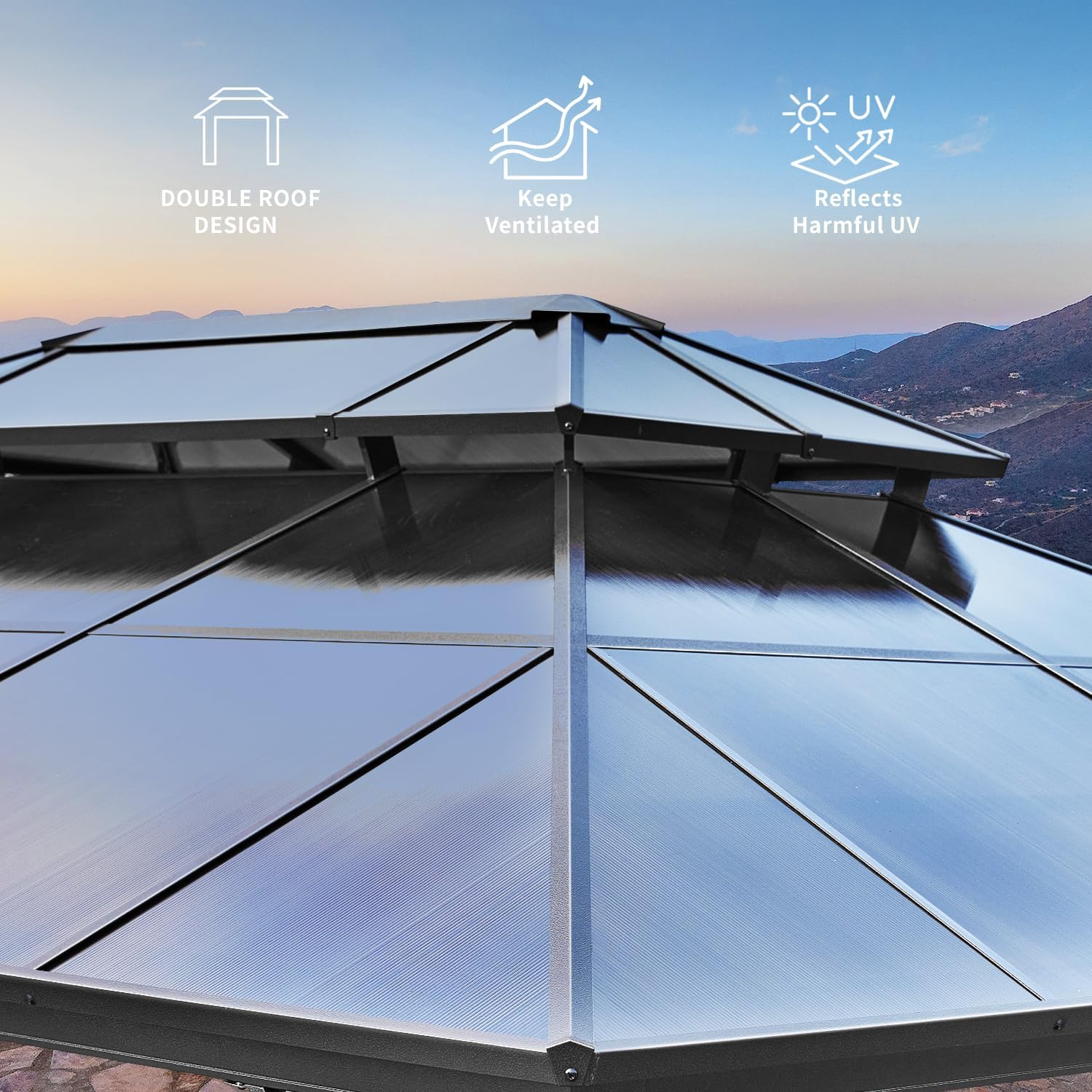 MELLCOM 12x20ft Hardtop Gazebo, Polycarbonate Double Roof Aluminum Gazebos, Outdoor Waterproof Pergola with Netting and Curtains for Backyard, Deck, Patio