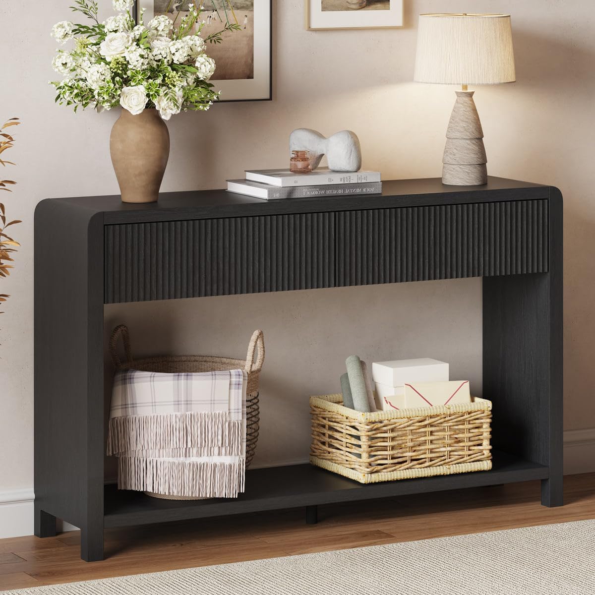 FATORRI Console Table for Entryway, Modern Sofa Table with 2 Drawers for Living Room, Wood Hallway Tables and Couch Tables Behind Sofa (47.2 inch, Black)