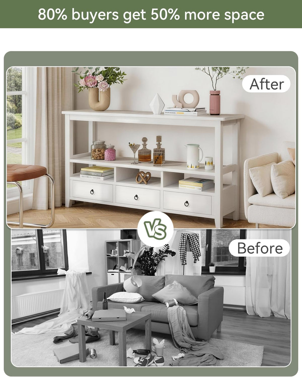 Karl home Console Table with 3 Bottom Drawers, 57.9' W Sofa Side Table Entryway Desk with 3 Storage Cubbies 1 Open Shelf, Vintage TV Stand for Hallway Living Room Office, White 29.9' H