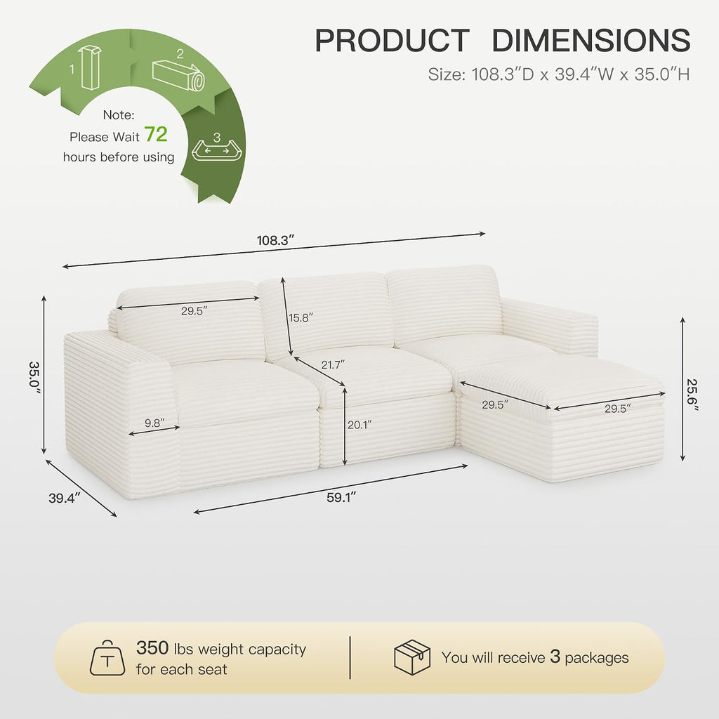 Plush Corduroy Cloud Sectional Couches for Living Room Boneless Modular Sectional Sofa Convertible 3-Seater L Shaped Couch with Ottoman. White Sofa.