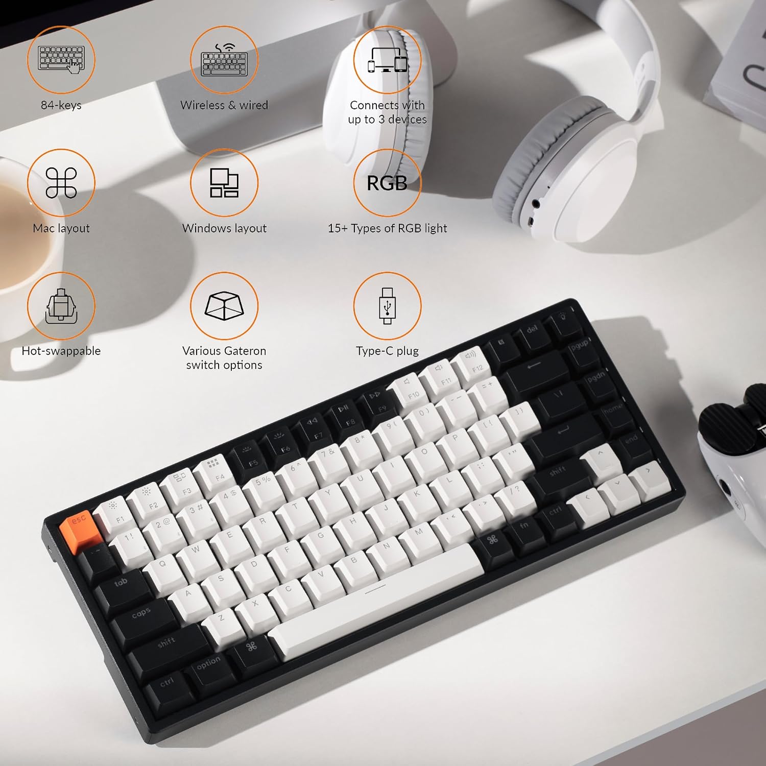 Keychron K2 75% Layout 84 Keys Hot-swappable Bluetooth Wireless/USB Wired Mechanical Keyboard with Super Banana Switch/Double-Shot Keycaps/RGB Backlight/Aluminum Frame for Mac Windows Version 2