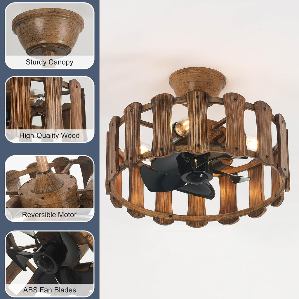 Garwarm 18in Caged Ceiling Fan with Light, Chandelier Farmhouse Ceiling Fans with Lights and Remote,Bladeless Rustic Fandelier Ceiling Fan for Kitchen, Bedroom（6 Speed, Timing）-Rustic Wood