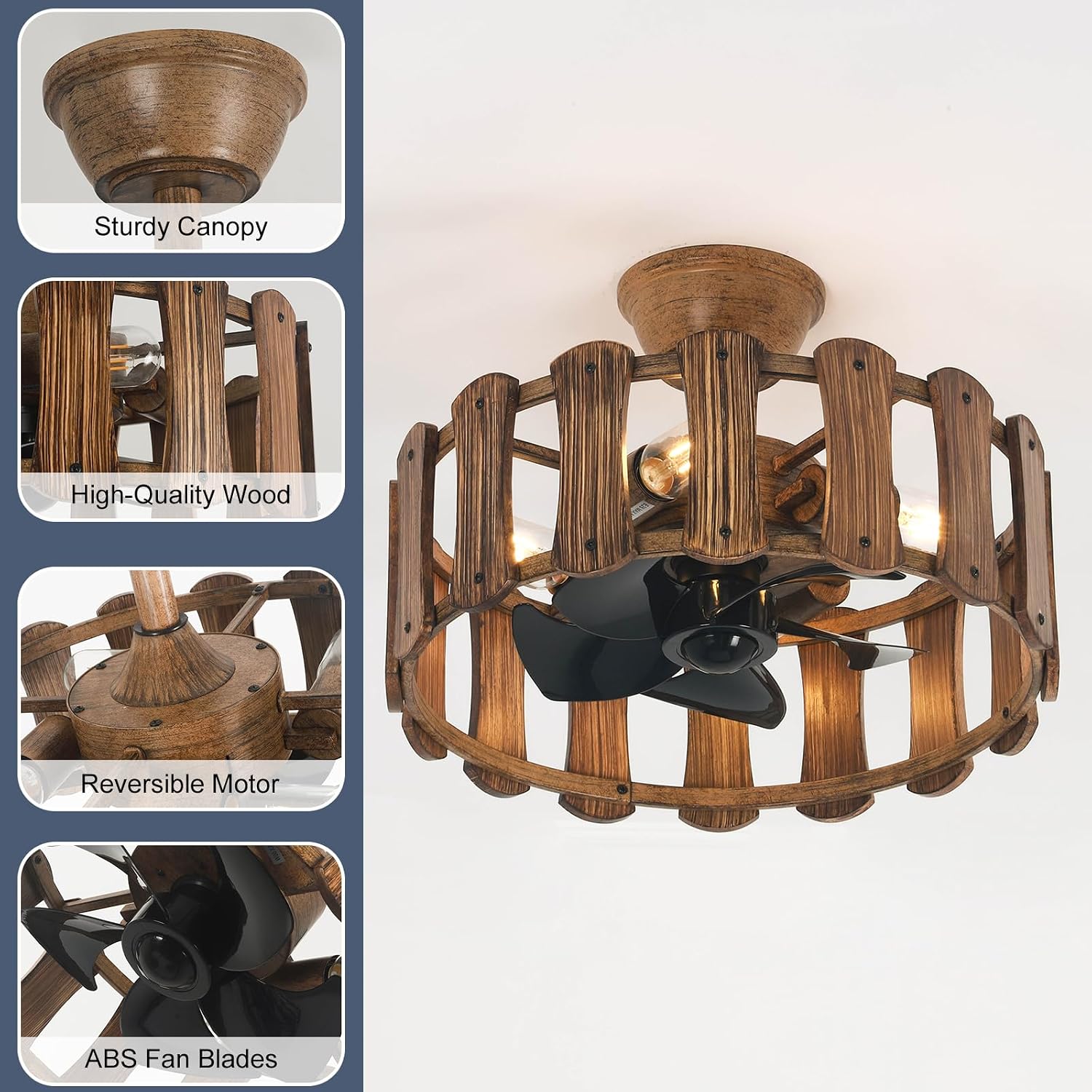 Garwarm 18in Caged Ceiling Fan with Light, Chandelier Farmhouse Ceiling Fans with Lights and Remote,Bladeless Rustic Fandelier Ceiling Fan for Kitchen, Bedroom（6 Speed, Timing）-Rustic Wood