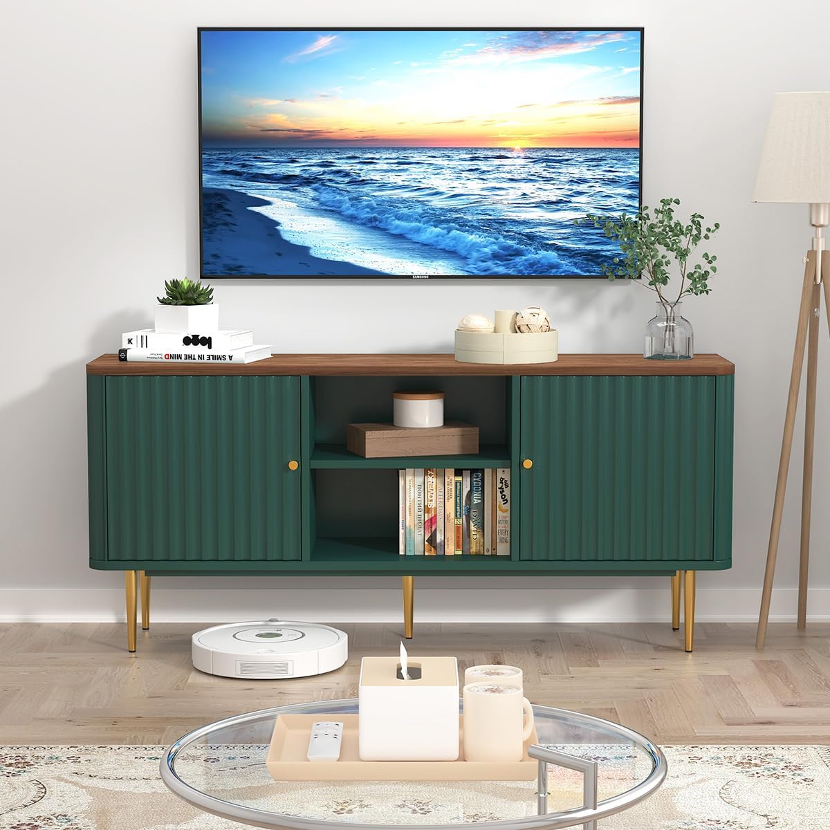 ARTPOWER 55' Fluted TV Stand, Mid Century Modern Green TV Stand for 55/60/65 inch TV, Entertainment Center with Storage, Television Stands, TV Console, Media Console for Living Room, Bedroom (Green)