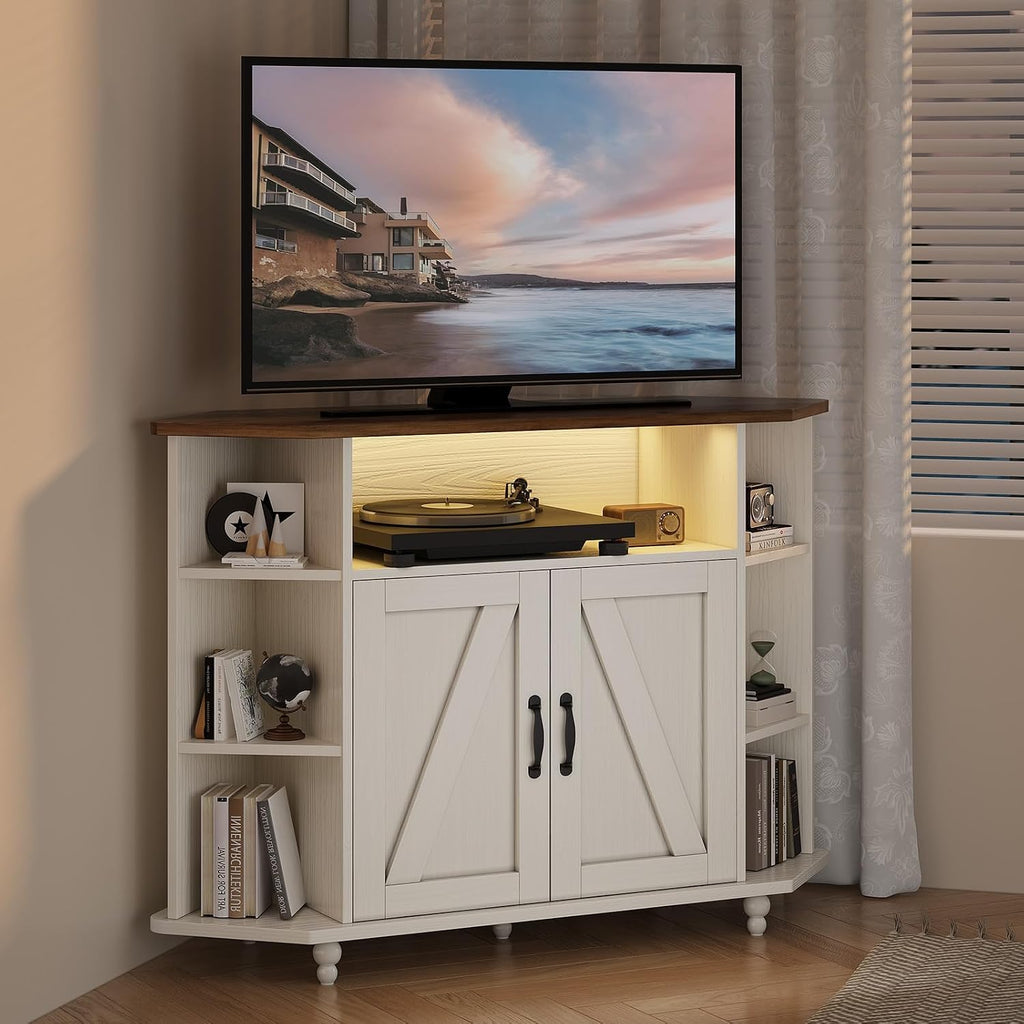 4 EVER WINNER Corner TV Stand for 55 Inch TV, Corner TV Console with Storage, Farmhouse Corner TV Cabinet with Cable Management&LED Lights for Bedroom/Living Room, White