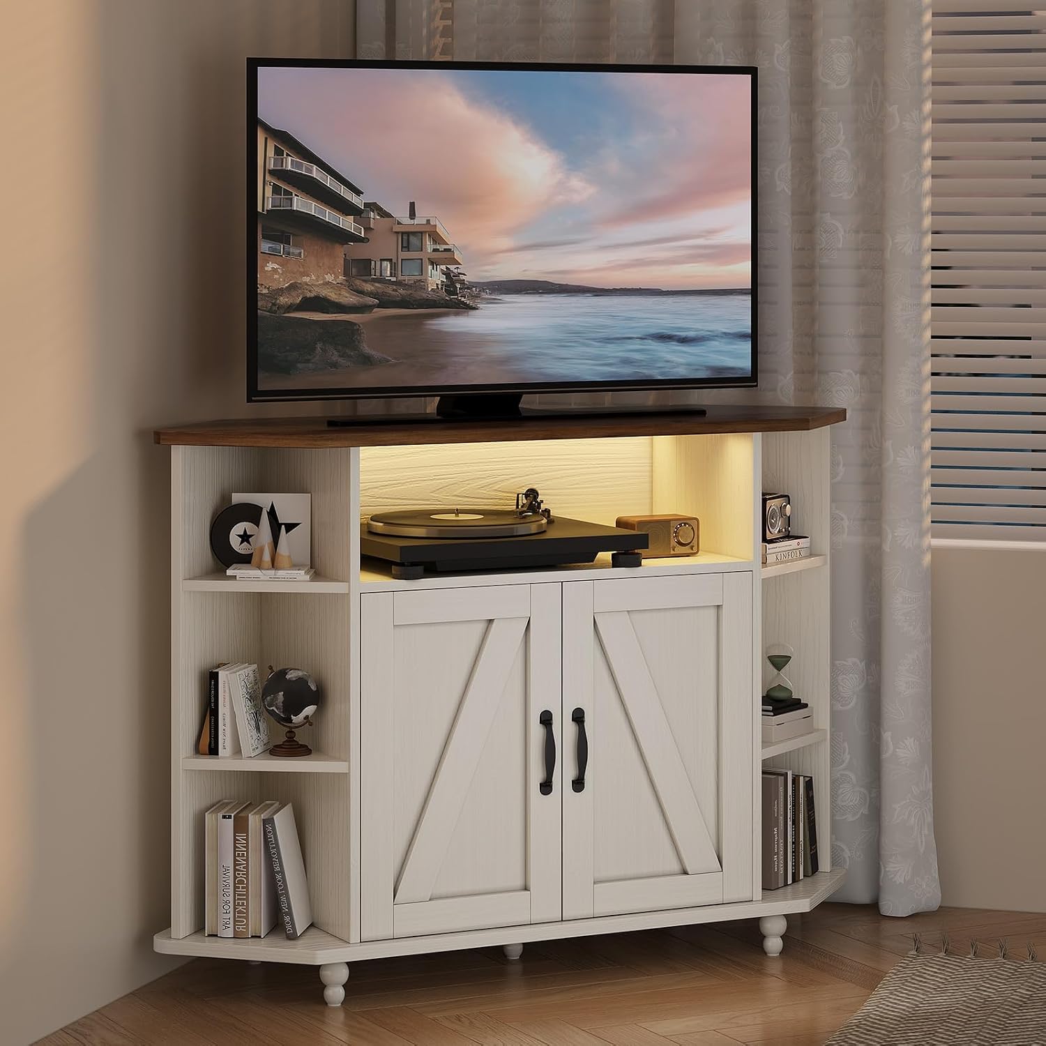 4 EVER WINNER Corner TV Stand for 55 Inch TV, Corner TV Console with Storage, Farmhouse Corner TV Cabinet with Cable Management&LED Lights for Bedroom/Living Room, White