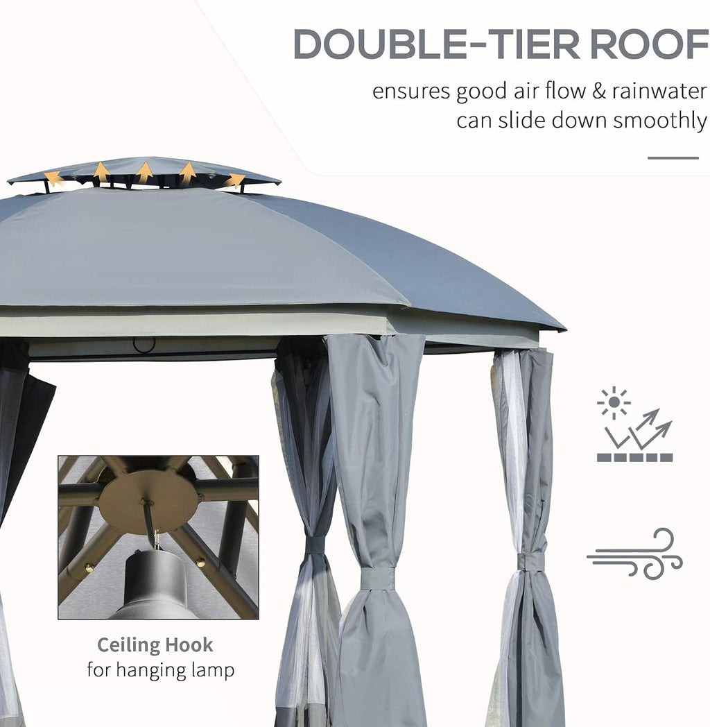 Outsunny 12' x 12' Round Outdoor Gazebo, Patio Dome Gazebo Canopy Shelter with Double Roof, Netting Sidewalls and Curtains, Zippered Doors, Strong Steel Frame, Grey