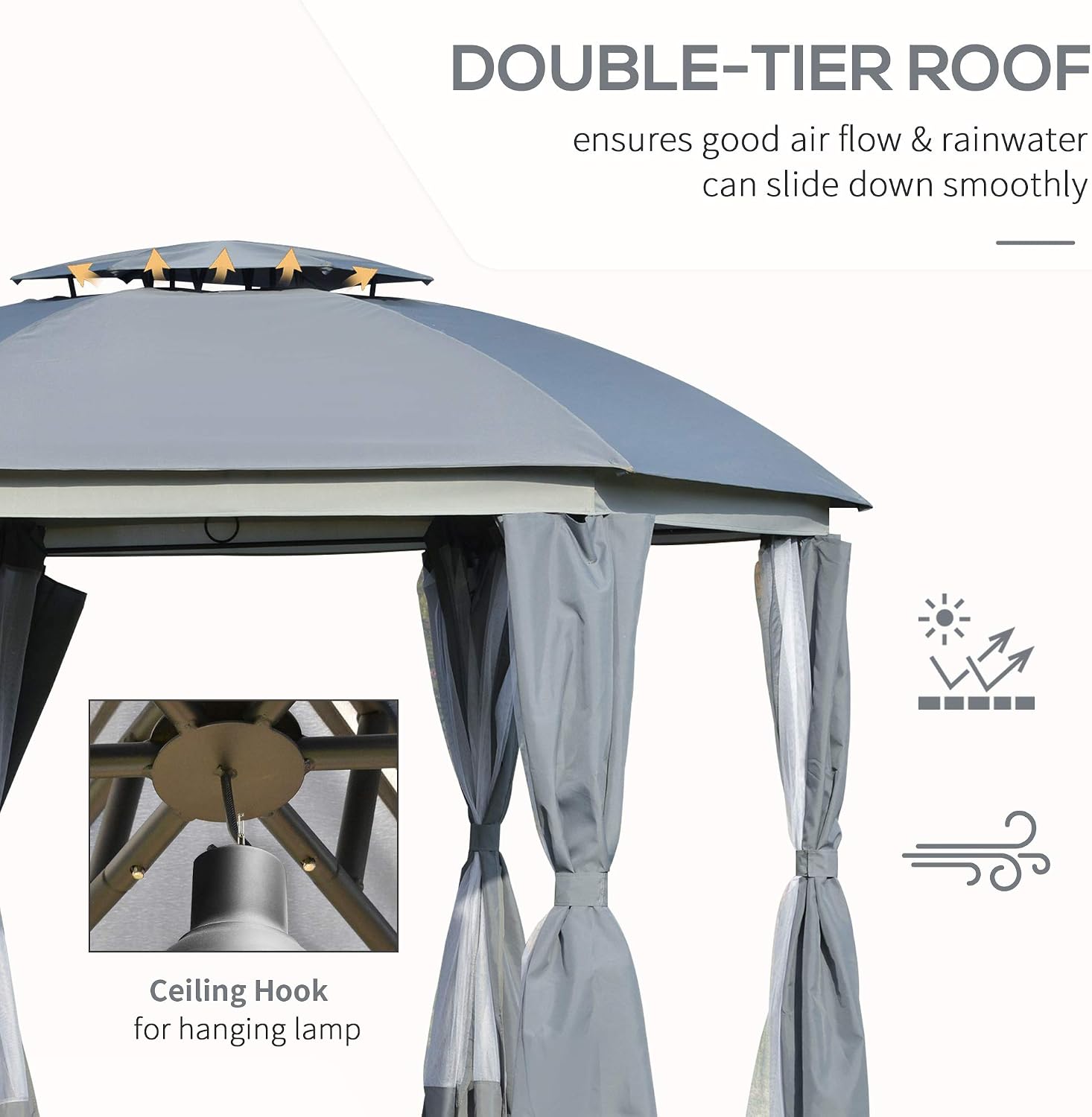 Outsunny 12' x 12' Round Outdoor Gazebo, Patio Dome Gazebo Canopy Shelter with Double Roof, Netting Sidewalls and Curtains, Zippered Doors, Strong Steel Frame, Grey