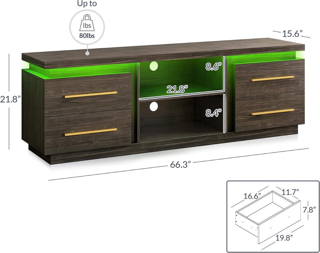 BELLEZE 66' TV Stand for TVs Up to 75', Entertainment Center with Music Sync LED Lights, Media Console Table Storage Cabinet with Open Shelves & Drawers for Living Room, Bedroom - Hawthorn (Brown)