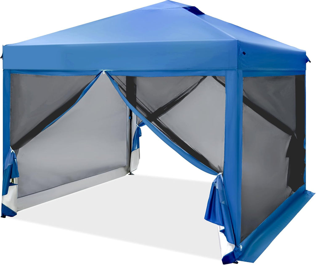 PHI VILLA 10 x 10 Pop Up Canopy Tent with Netting, Instant Gazebo, Ez up Screen House Room with Carry Bag, Height Adjustable, for Outdoor, Garden, Patio,Blue