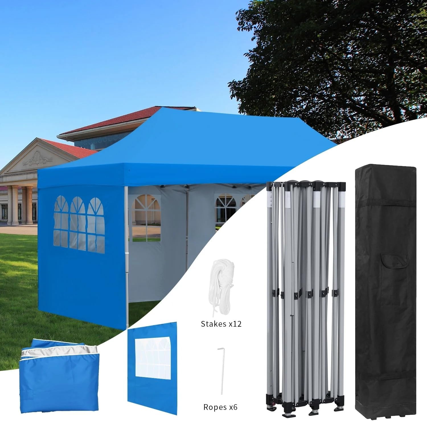 Outdoor Basic 10' x 20' Pop up Canopy Tent, Instant Heavy Duty Gazebo Tent with 4 Sidewalls/Wheeled Bag for Party Commercial Activity (Blue, with 4 Sidewall)