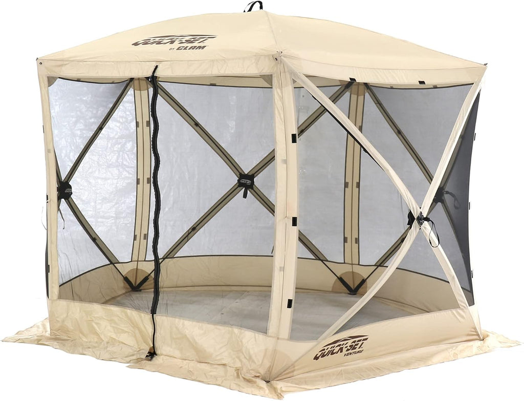 CLAM Venture 9' x 9' Pop-Up Screen Tent – Tan Portable 5-Sided Outdoor Gazebo Canopy with Mesh Netting, Carry Bag, Stakes & Tie-Downs – Instant Setup Shelter for Camping, Picnics & Events