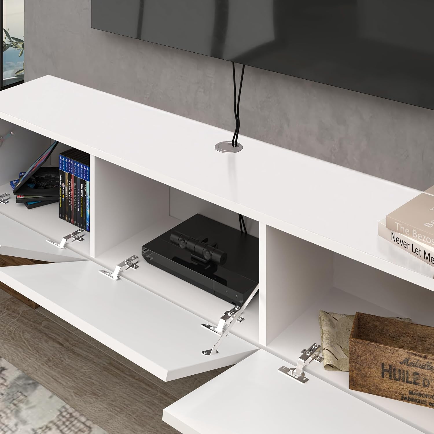 Atelier Mobili White Floating TV Console, Wall Mounted TV Stand for Up to 75 Inch TV, Floating Entertainment Center with Shelf