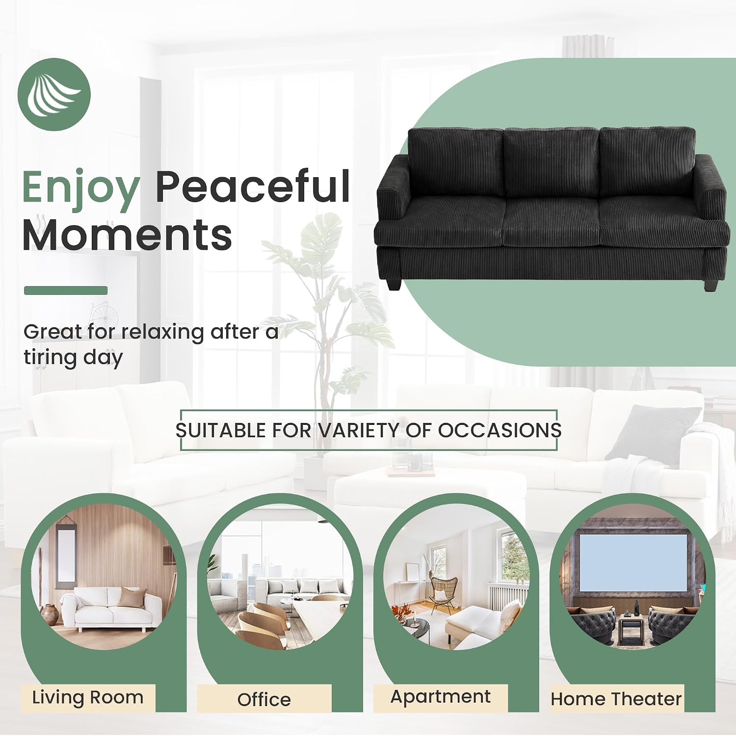 YOUDENOVA 2 Piece Set Comfy Sofa Couch, 2 3-Seater Sofa with Deep Seats, Modern Sleeper Couch for Living Room, Black Corduroy